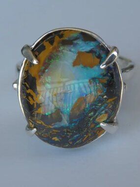 Huge Natural Boulder Multicolor Opal "Galaxy" In Sterling Silver Ring 14.81ct